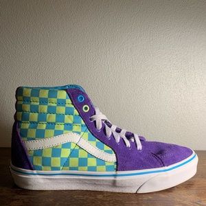 Purple Vans High Tops Checkered Blue and Green. Size 10 in Woman’s 8.5 in Men’s
